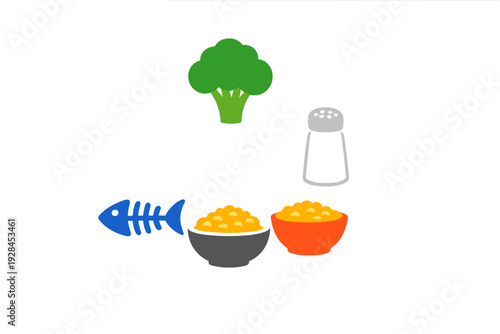 A collection of food-related icons including a green broccoli floret, a white salt shaker, a blue fish bone, and two bowls filled with yellow food on a solid black background.
