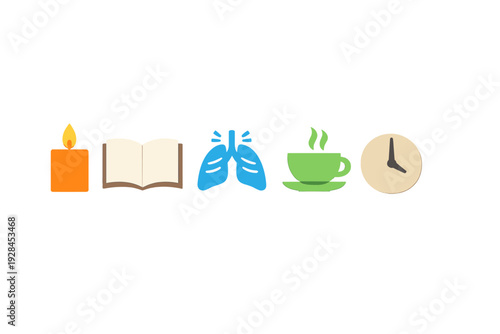 A row of five colorful icons including a lit candle, an open book, human lungs, a steaming green cup, and a clock, all set against a solid black background for a minimalist look.
