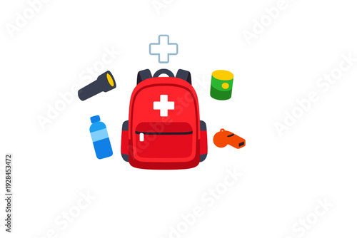 A red emergency backpack with a black cross is surrounded by survival essentials including a flashlight, water bottle, canned food, whistle, and a white cross icon on a black background.