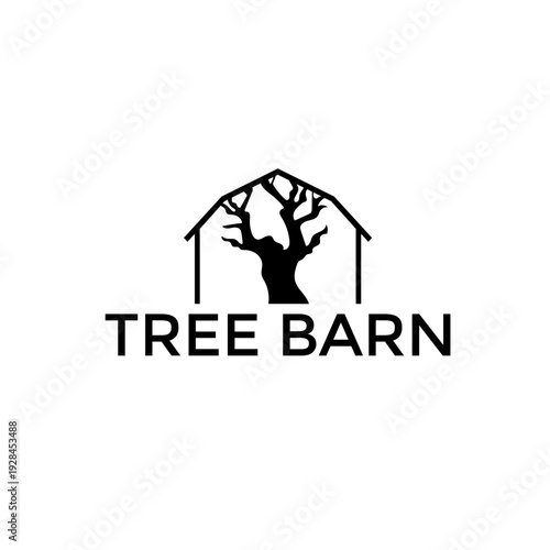 Tree Barn logo vector featuring a black silhouette of a gnarled tree trunk enclosed within the outline of a barn structure