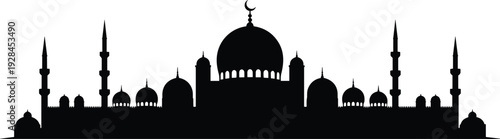 Islamic mosque skyline silhouette with crescent moon domes and minarets for Ramadan celebration background, flat vector illustration