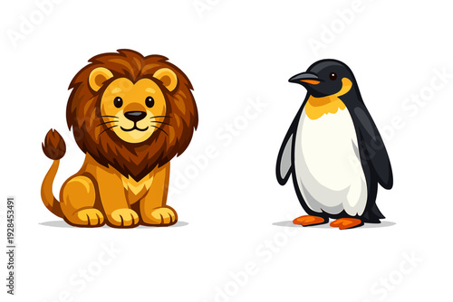 A cute cartoon lion with a brown mane sits next to a friendly penguin on a solid black background. This colorful illustration features two stylized animals in a simple 2D art style.