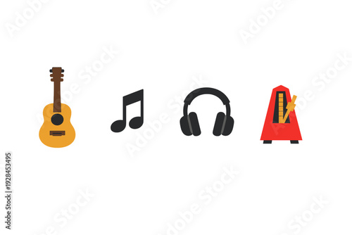 A collection of four musical icons including an acoustic guitar, a musical note, black headphones, and a red metronome, all arranged horizontally on a solid black background.