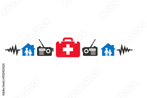 This graphic features icons for emergency preparedness, including a red first aid kit, black radios, blue houses with people, and seismic wave lines on a black background.