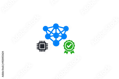 A blue neural network icon is displayed alongside a black microchip and a green checkmark badge on a solid black background, representing technology and verification.