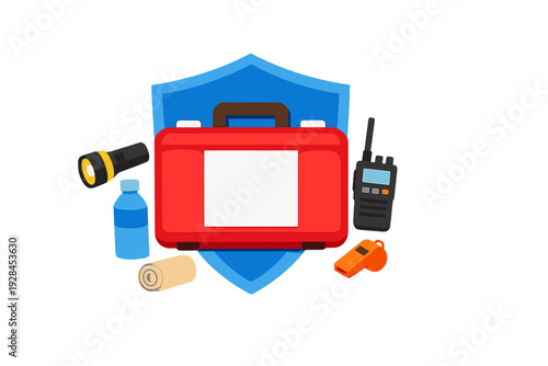 An illustration of an emergency survival kit featuring a red first aid box, a blue shield, a flashlight, a water bottle, a bandage, a walkie-talkie, and an orange whistle on a black background.
