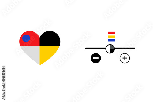 A heart symbol divided into four colored sections with a blue circle sits next to a control interface with plus and minus buttons and an adjustment slider on a dark textured background.