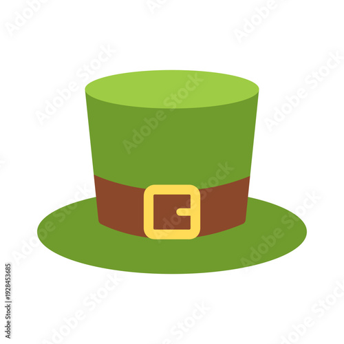 Green leprechaun hat illustration with gold buckle. Irish festive symbol for St. Patrick celebration, holiday greeting, party print and decoration. Flat vector. Hand drawn. Isolated. Minimal art.