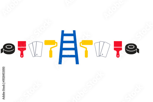 This flat design graphic features a central blue ladder flanked by yellow paint rollers, white color swatches, red brushes, and black tape rolls against a dark black backdrop.