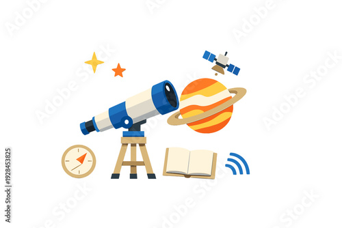 This illustration features various space exploration tools including a telescope on a tripod, a ringed planet, a satellite, an open book, a compass, and stars against a black background.