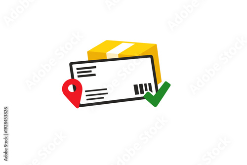 A flat vector illustration showing a yellow cardboard box and a black envelope with a red location pin and a green checkmark, symbolizing successful package delivery and tracking.