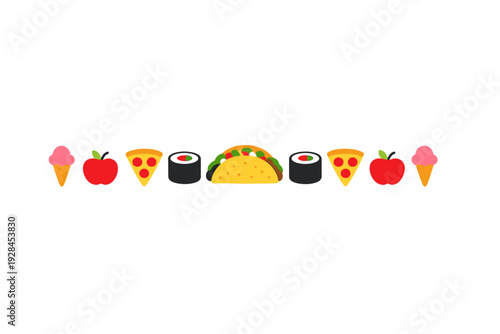 A symmetrical arrangement of food icons featuring a taco in the center flanked by sushi, pizza, apples, and ice cream cones. The flat design is set against a solid black background.