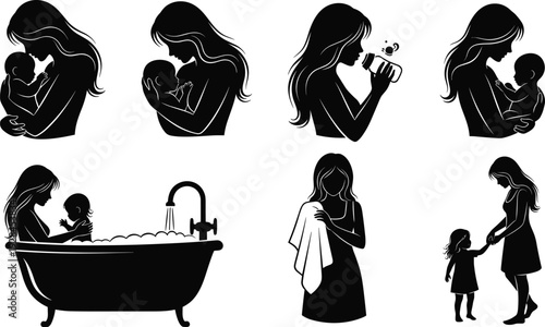 Set of black silhouettes showing caring mother and baby daily routine including feeding bathing holding and walking together.