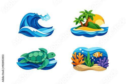 A collection of four paper-cut style illustrations featuring a large ocean wave, a tropical island with palm trees, a green sea turtle, and a vibrant underwater coral reef scene.
