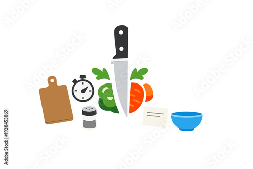 A collection of colorful kitchen icons including a cutting board, timer, salt shaker, knife, vegetables, recipe card, and a blue bowl, all isolated on a black background.