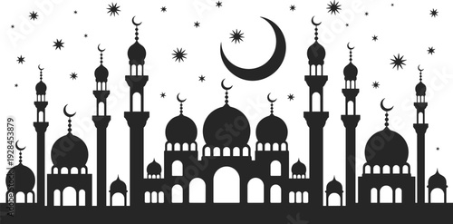 Islamic mosque skyline with crescent moon and stars night background for Ramadan Kareem celebration design, flat vector illustration