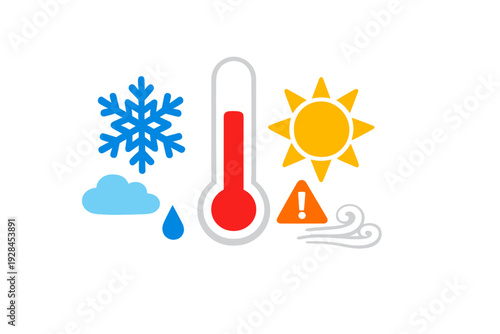 A collection of weather icons including a thermometer, sun, snowflake, cloud, raindrop, wind, and a warning sign, all presented in a flat vector style on a solid black background.