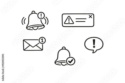 This set features five minimalist black line icons for digital alerts, such as a ringing bell with an exclamation mark, an unread email, a warning message, and a checkmark notification.