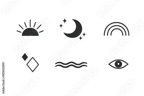 A collection of six minimalist celestial and mystical icons including a sun, crescent moon with stars, rainbow, diamonds, wavy water lines, and a stylized eye on a black background.