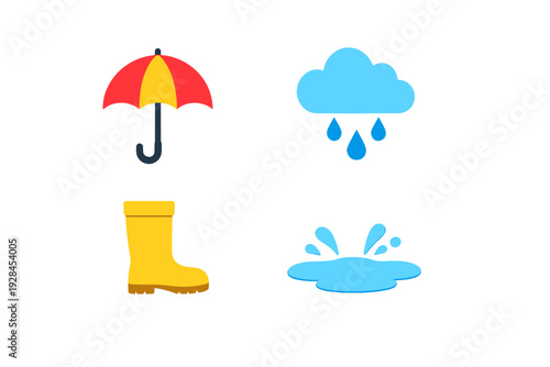 A collection of four weather icons including a red and yellow umbrella, a blue rain cloud with drops, a yellow rubber boot, and a blue water puddle with splashes on a black background.