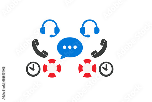 This illustration features various customer service icons such as blue headsets, black telephones, a chat bubble, lifebuoys, and clocks, all set against a solid black background.