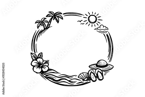 A black and white line art illustration featuring a circular frame decorated with summer elements like palm trees, a sun, hibiscus flowers, flip-flops, a seashell, and a sun hat.