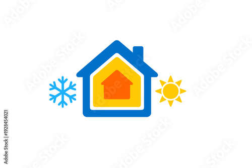 A graphic illustration of a house icon with nested layers in blue, yellow, and orange, flanked by a snowflake and a sun symbol on a black background, representing climate control.