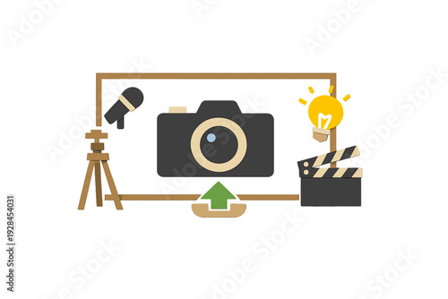 A 3D illustration featuring a camera, tripod, microphone, light bulb, and clapperboard within a frame, symbolizing video production, content creation, and digital media uploading.