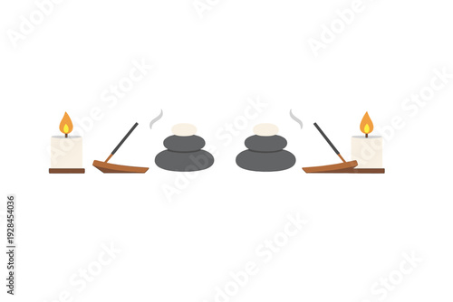 A symmetrical illustration featuring two sets of spa items including lit candles, incense sticks in wooden holders, and stacks of balanced stones against a solid black background.