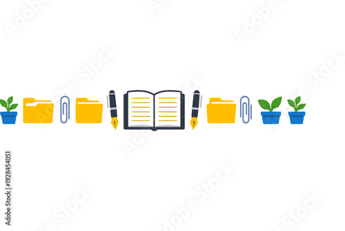 A horizontal row of flat design icons featuring an open book, fountain pens, yellow folders, blue paperclips, and potted plants against a solid black background.