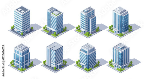 Isometric Office Buildings Set. Modern Architecture