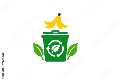 A flat vector illustration of a green compost bin with a recycling symbol and leaves, featuring a yellow banana peel floating above it on a black background.