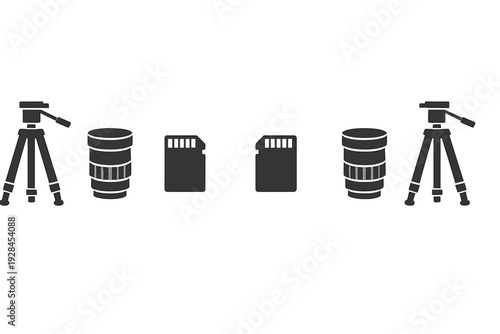 A symmetrical row of photography equipment icons including tripods, camera lenses, and memory cards displayed in a flat style against a solid black background for a clean, modern look.