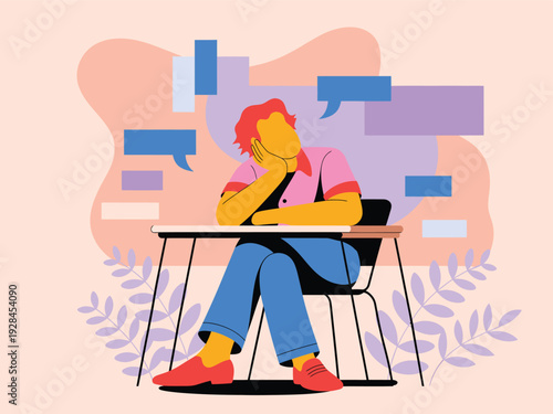 Student bored in class with speech bubbles, depicting daydreaming, distraction, or lack of engagement in education.