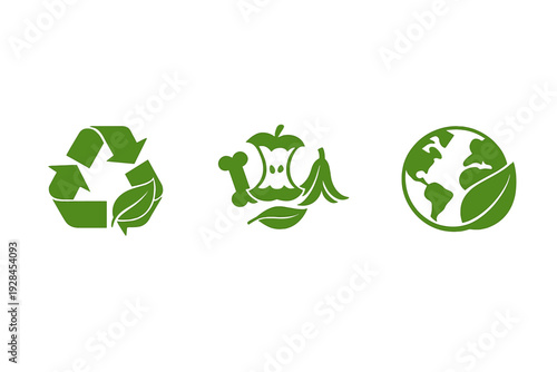 Three green environmental icons on a black background featuring a recycling symbol with a leaf, organic food waste composting symbols, and a globe with a leaf for sustainability.