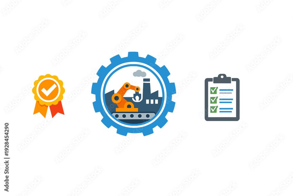 Fototapeta premium A set of three industrial icons featuring a quality seal with a checkmark, a factory scene inside a gear with a robotic arm, and a checklist on a clipboard.