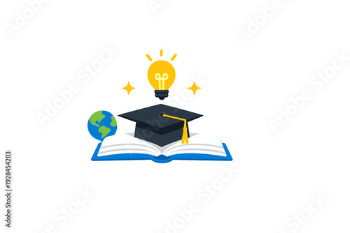 This flat vector illustration features an open book with a black graduation cap, a glowing yellow lightbulb, a small globe, and stars, symbolizing learning, knowledge, and global education.