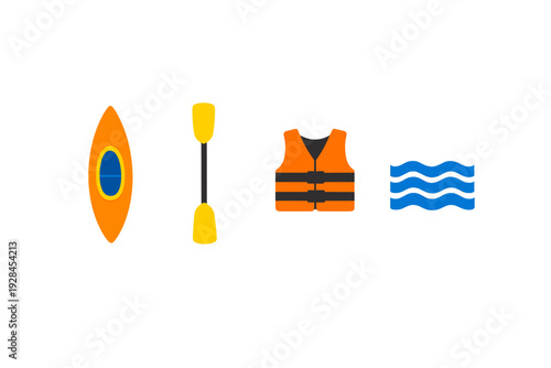 A flat illustration of kayaking equipment including an orange kayak, a yellow paddle, an orange life jacket, and blue water waves, all set against a solid black background.