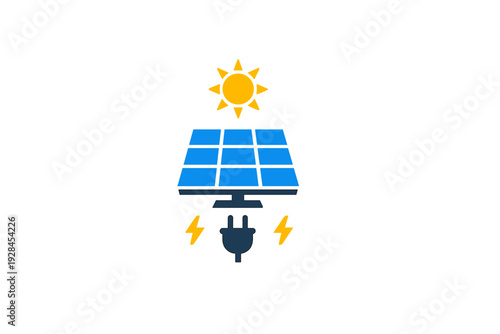 A flat design illustration showing a blue solar panel receiving light from a yellow sun, with an electric plug and lightning icons below it on a solid black background.
