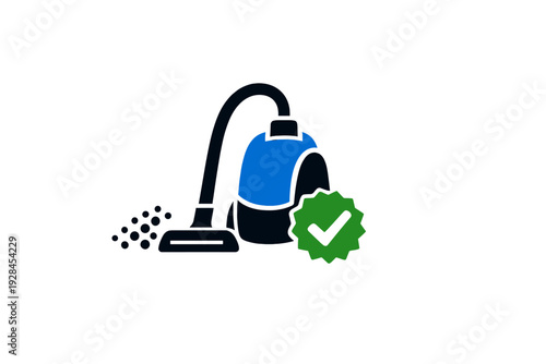 A flat vector illustration features a blue vacuum cleaner with a hose and nozzle cleaning dust, accompanied by a green checkmark badge on a black background.