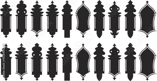 Islamic ornamental vertical panel set with traditional arabesque motifs for Ramadan and Eid design projects, flat vector illustration