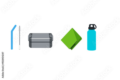 A flat vector illustration of eco-friendly reusable items including a blue straw, a cleaning brush, a grey lunch box, a green cloth napkin, and a blue water bottle on a black background.
