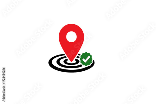 A red location pin icon sits atop a black curved line representing a path. A green badge with a white checkmark is positioned to the right, all set against a black background.