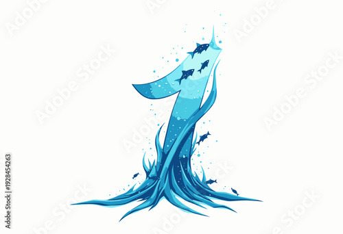 Imaginary Number One Emerging from Water with Artistic Fish Decoration Showcasing Aqua-Themed Fantasy Art Design