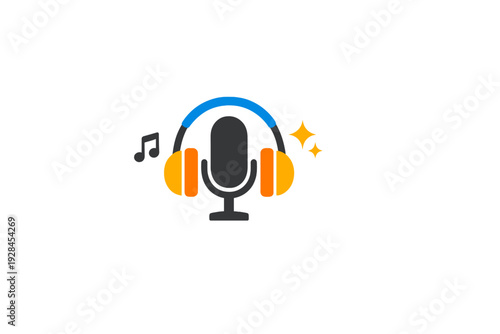 A stylized illustration of a dark grey microphone wearing blue and orange headphones. The graphic includes grey musical notes and yellow sparkles on a solid black background.