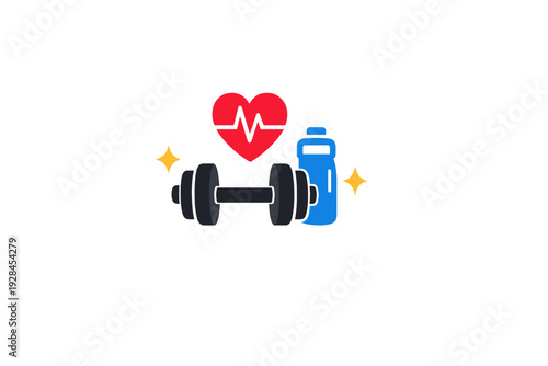 A graphic illustration shows a red heart with an electrocardiogram line, a black dumbbell, and a blue water bottle on a black background, symbolizing health and physical exercise.