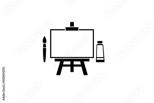 This minimalist black and white graphic depicts an artist's easel with a blank canvas, a paintbrush, and a tube of paint, symbolizing creativity, fine arts, and studio work.
