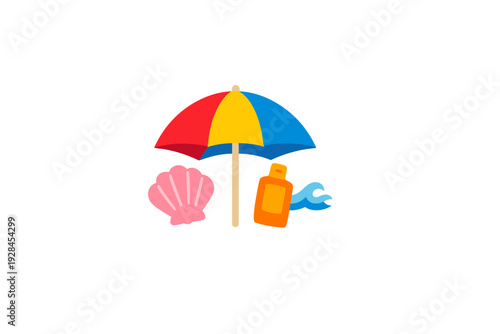 A colorful illustration featuring a beach umbrella with red, yellow, and blue panels, a pink seashell, an orange sunscreen bottle, and a blue wave on a black background.