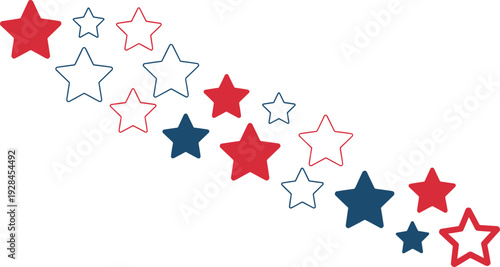 Patriotic star pattern, red blue white design, festive celebration background, Independence Day theme, national holiday decoration, dynamic diagonal star arrangement vector