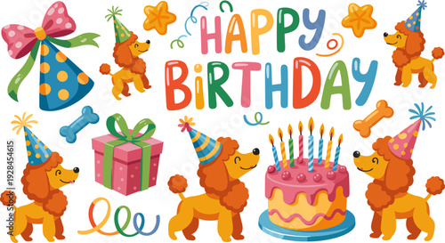 Colorful happy birthday celebration illustration, cartoon poodles with party hats, festive cake and candles, gift box, bows, stars, streamers, cheerful design artwork